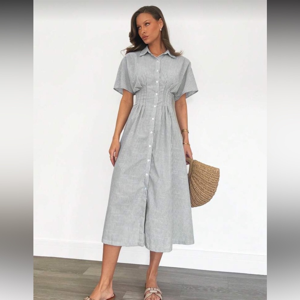 Siren Gaze Women’s Striped Gray Waist Cinching Midi Collared Dress Sz 12/XL